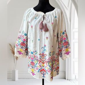 John Mark Womens Embroidered Tunic Top Sz S Linen Blend Floral Tassel NEW